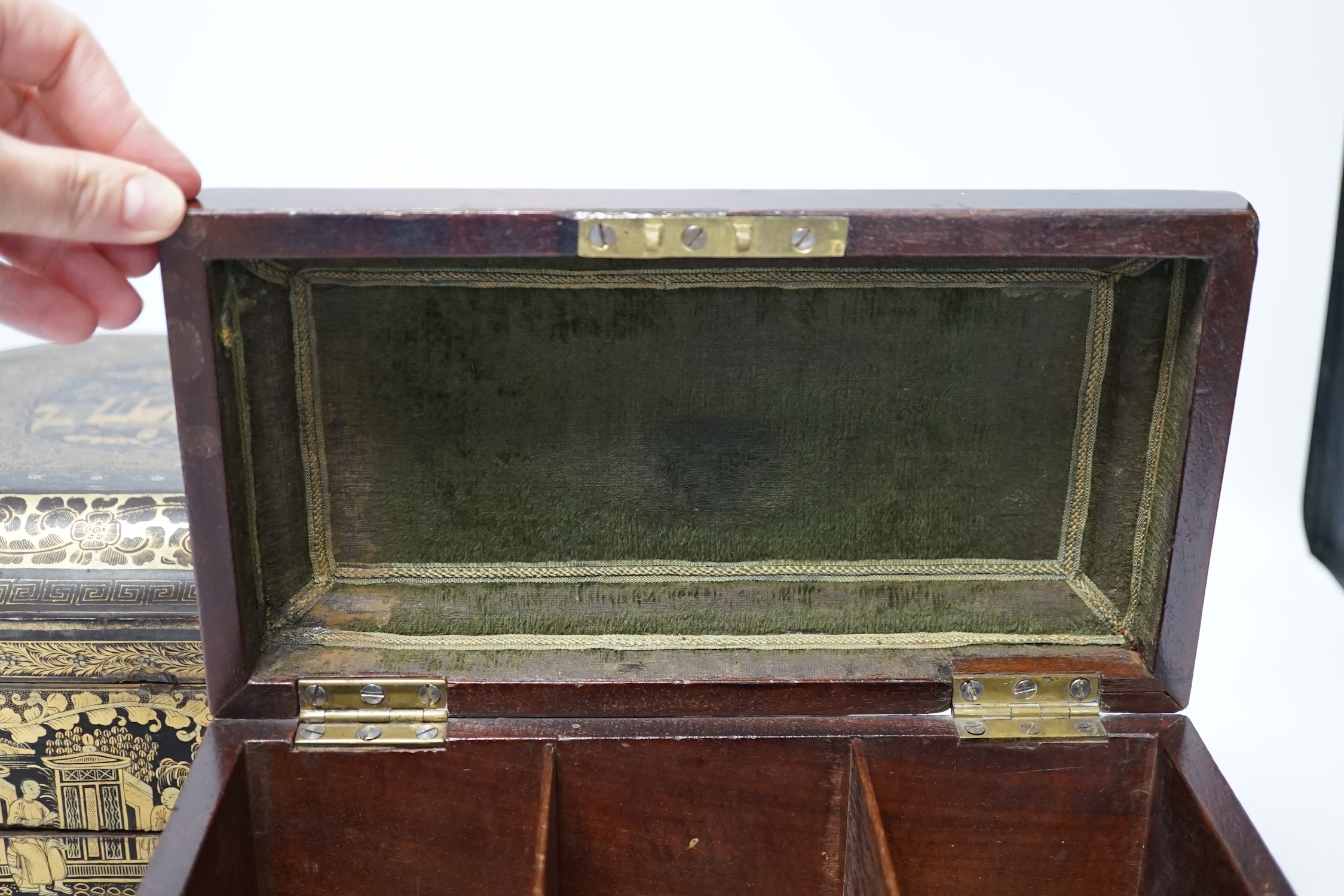 A mid 19th century Chinese export gilt decorated black lacquer work box and a George III mahogany tea caddy